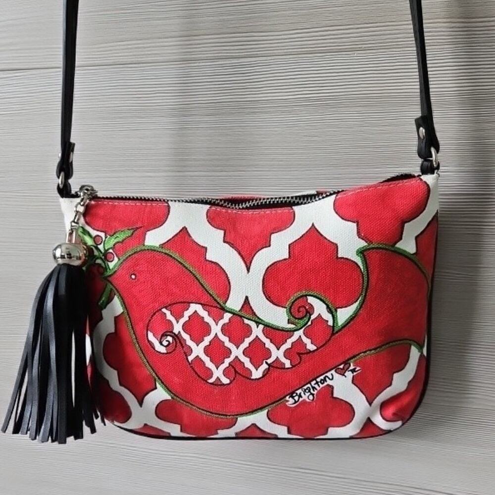 Brighton Love Dove Canvas Shoulder Bag Crossbody Purse Zippered Red Tassel Sz S